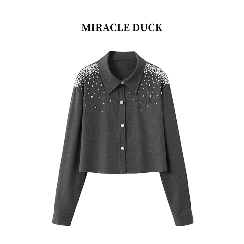 1号【格雷系衬衣】春季法式新款翻领重工钉珠显瘦长袖衬衫C1494
