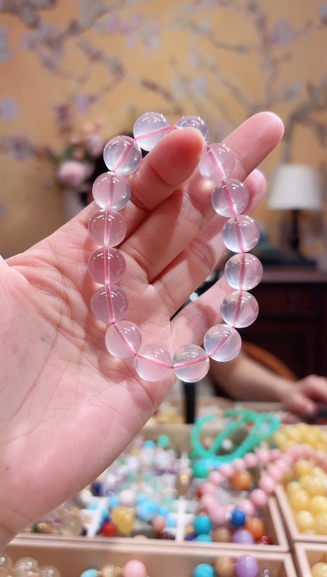 未镶嵌手链水晶12.6咪+天然粉晶，莫桑比克星光粉，天然晶体结构