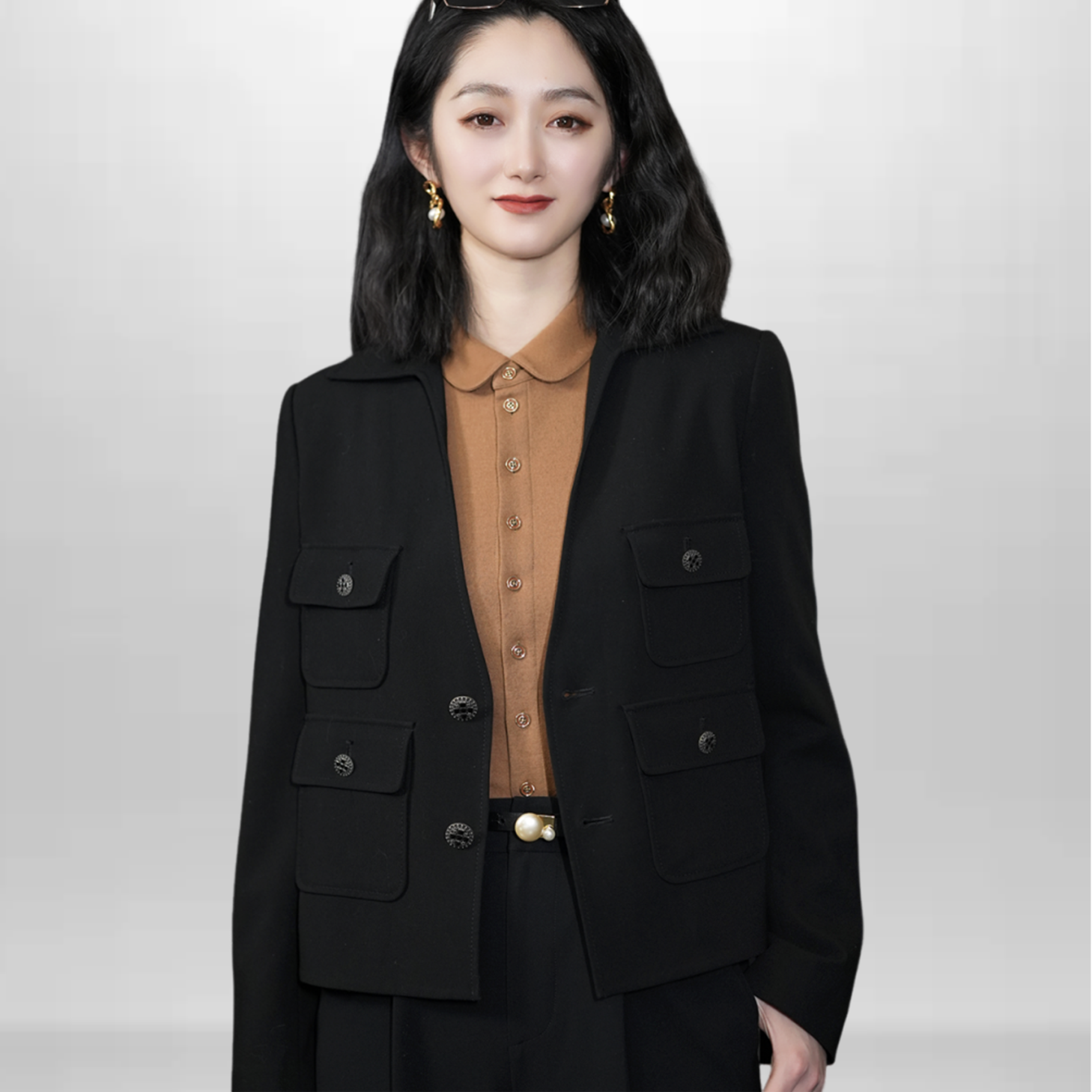 AMASS/阿玛施气质V领两粒扣长袖口袋小香风女士外套 5400617