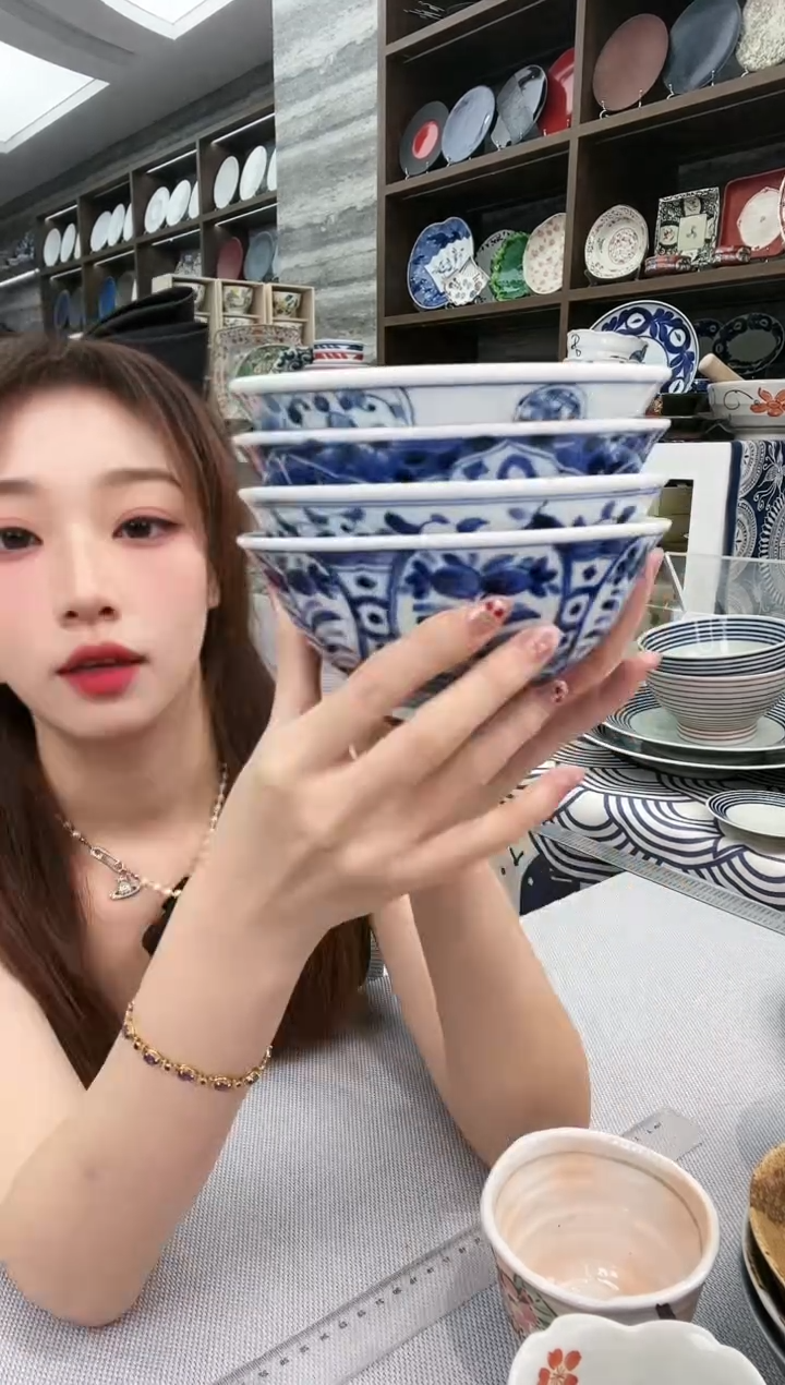 瓷【4支】茶渍碗14.5cm-花伊万里+间取蓝花+宝寿纹+菊唐草