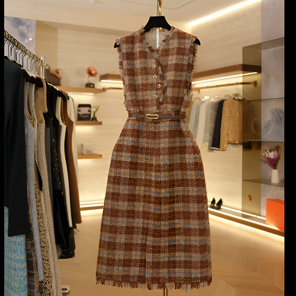 【J】气质复古格纹裙子挂脖款休闲风连衣裙秋保暖秋冬H253-8036