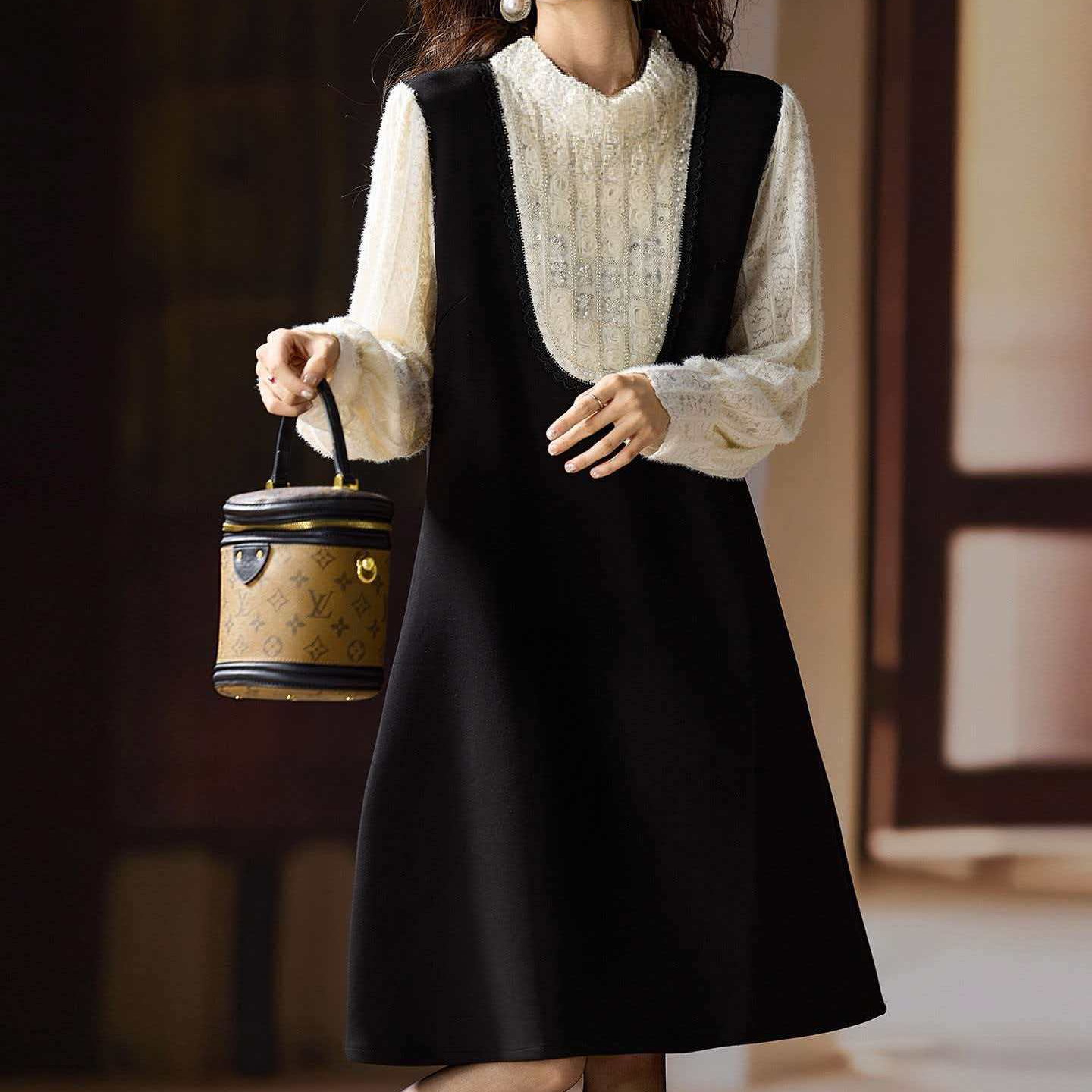 3136拼色亮片连衣裙