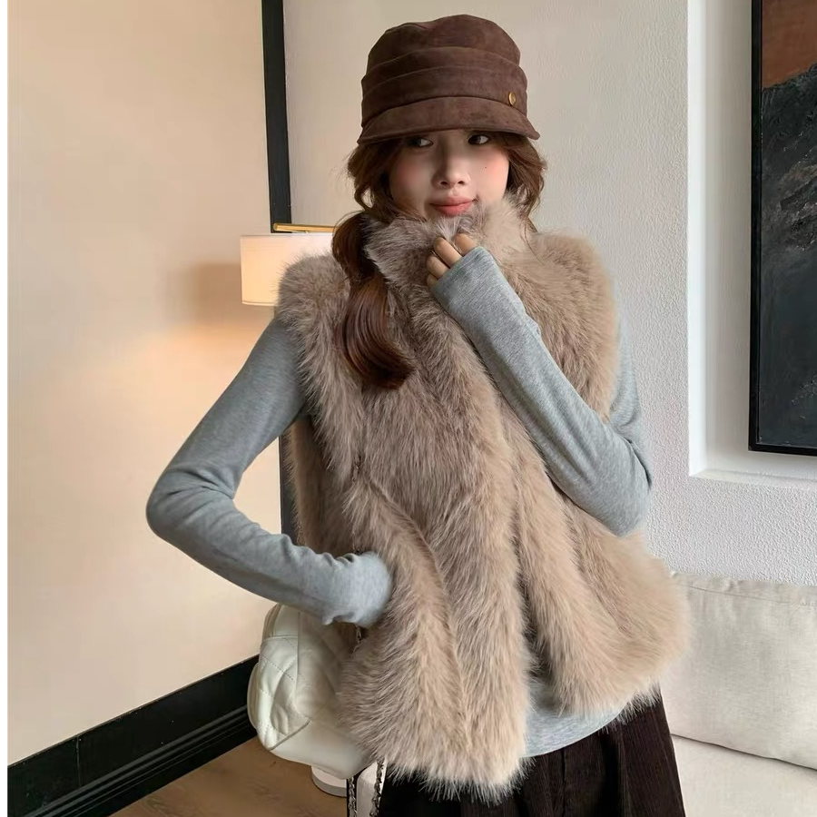 人造皮草 仿皮草马甲 立领毛毛马甲女宽松百搭秋冬背心毛毛外套