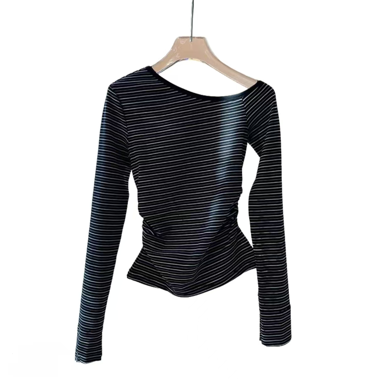 深圳南油小众设计师新品条纹斜肩小衫五一旅游出街衣服