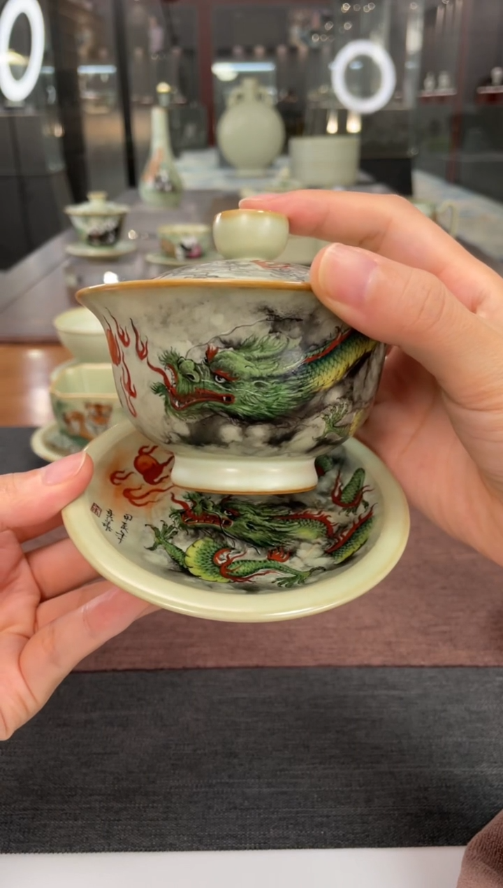 【闪购商品】余秀华彩绘浩然三才盖碗青龙