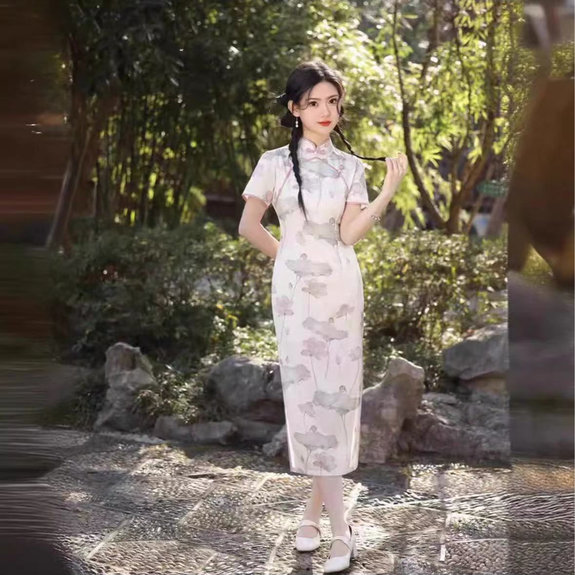 219-浅粉色 荷花 暗纹 古法 改良 旗袍