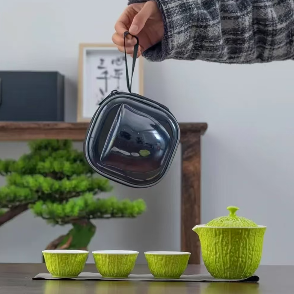 旅行茶具车载露营户外简约陶瓷手绘青瓷F266-苦瓜旅行套