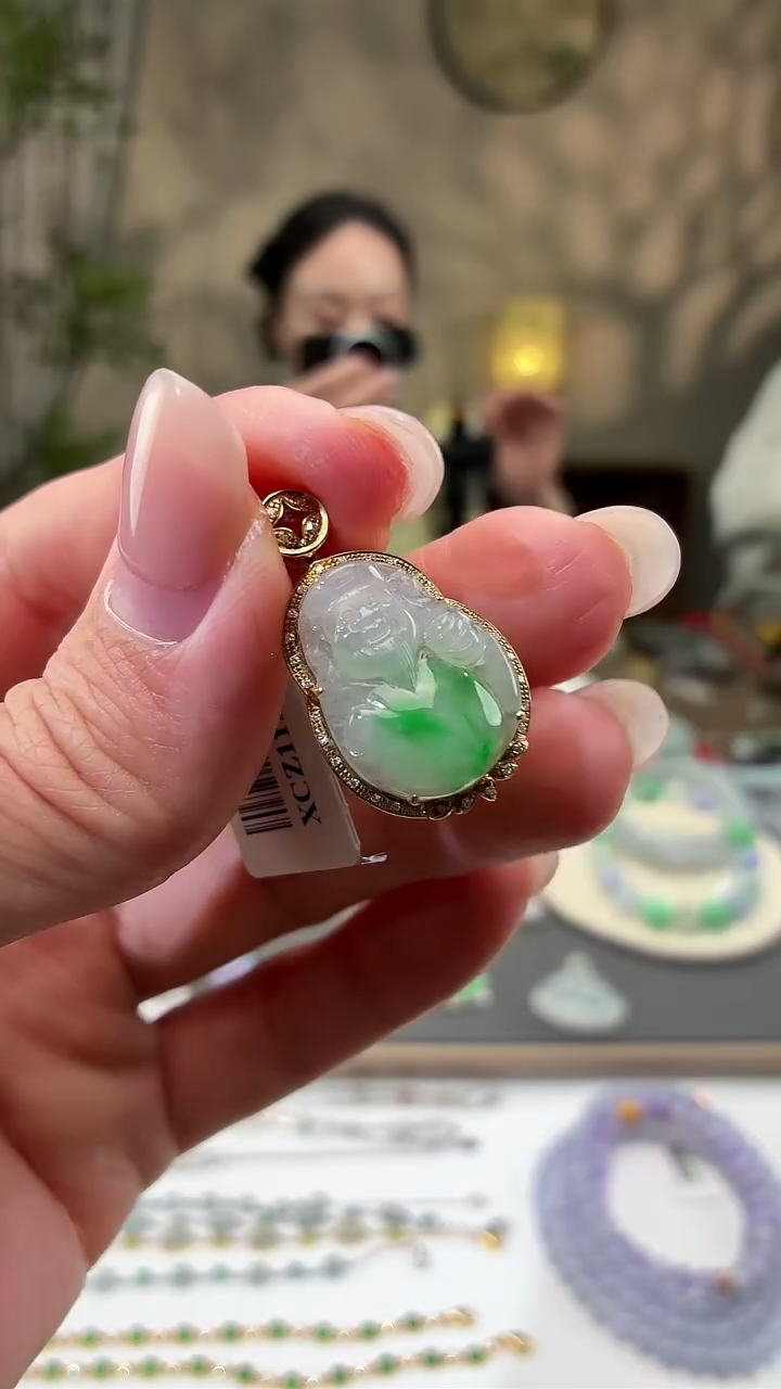 吊坠(不含链)18K金镶嵌翡翠财神