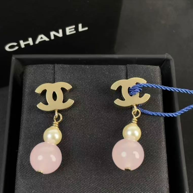 99新 Chanel/香奈儿 粉色琉璃 葫芦双C耳钉/首饰