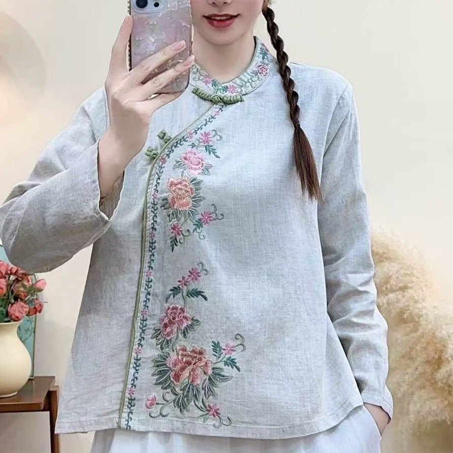 民族风立领手工盘扣重工刺绣日常休闲百搭显瘦遮肉短款上衣6906