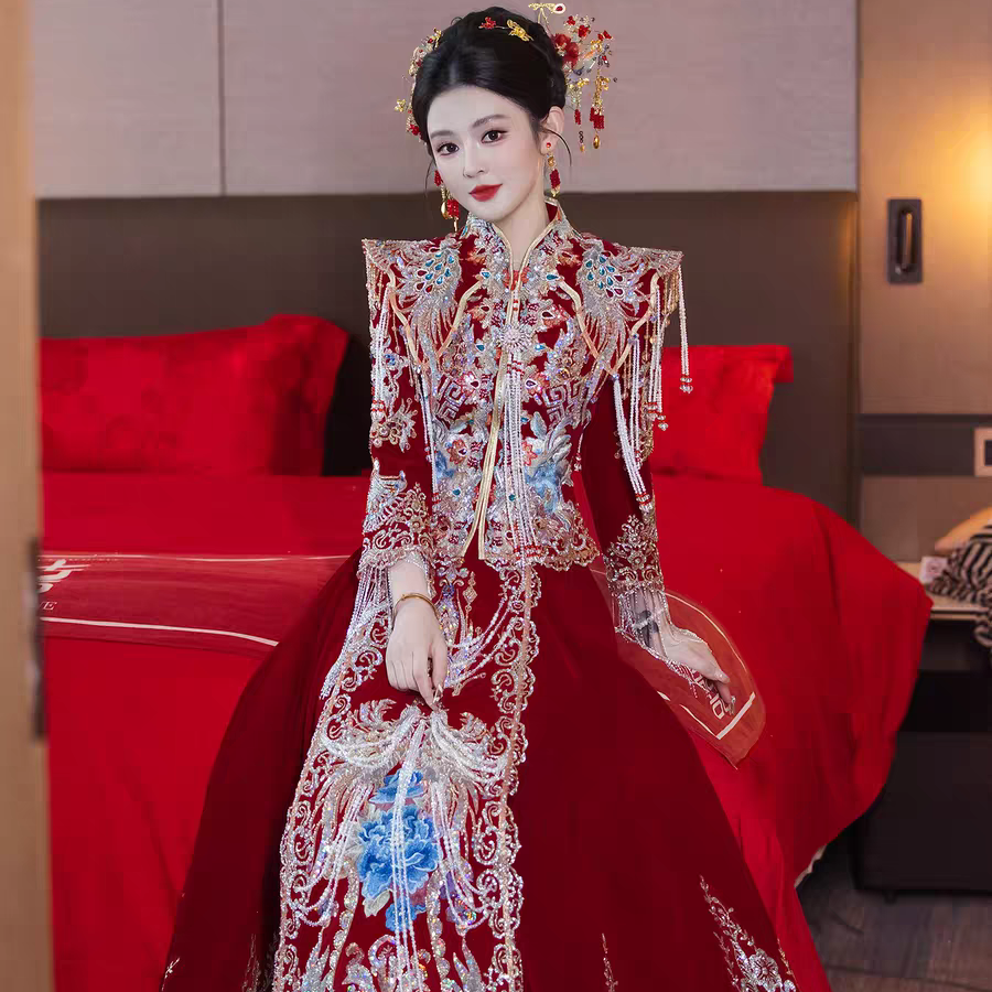2025新款丝绒秋冬秀禾服端茶敬酒礼服重工款奢华厚款复古红出阁服
