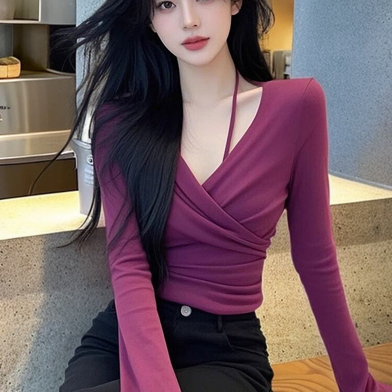 2025春秋新款御姐交叉V领内搭打底衫女气质褶皱修身收腰长袖上衣