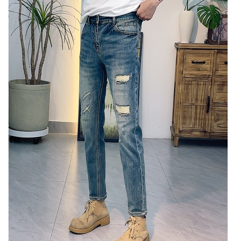 男士潮流韩版秋冬重工洗水修身弹力破洞补丁九分牛仔裤538