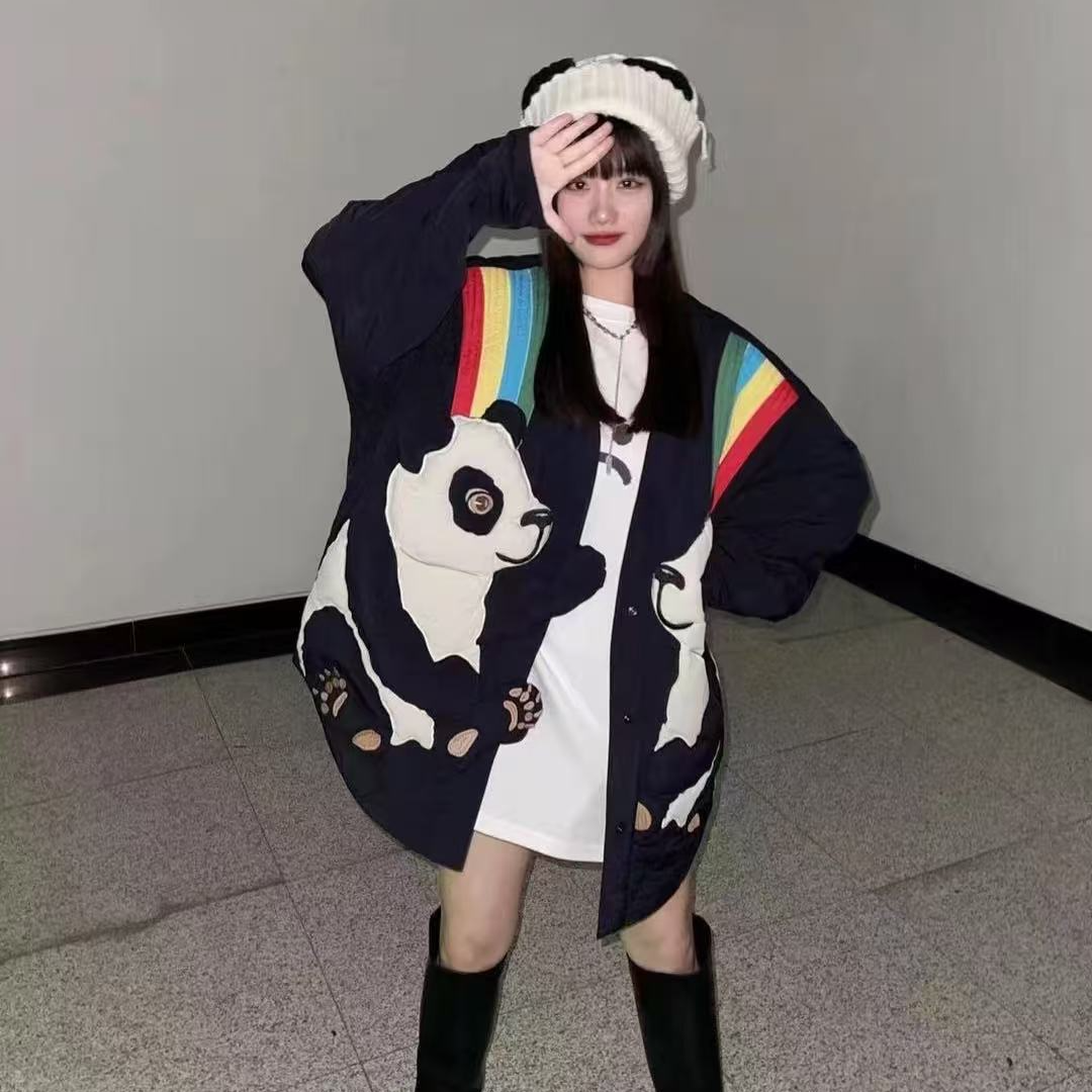 【彩虹熊猫】2025秋冬新款时尚百搭卡通刺绣宽松棉服外套女.D1714