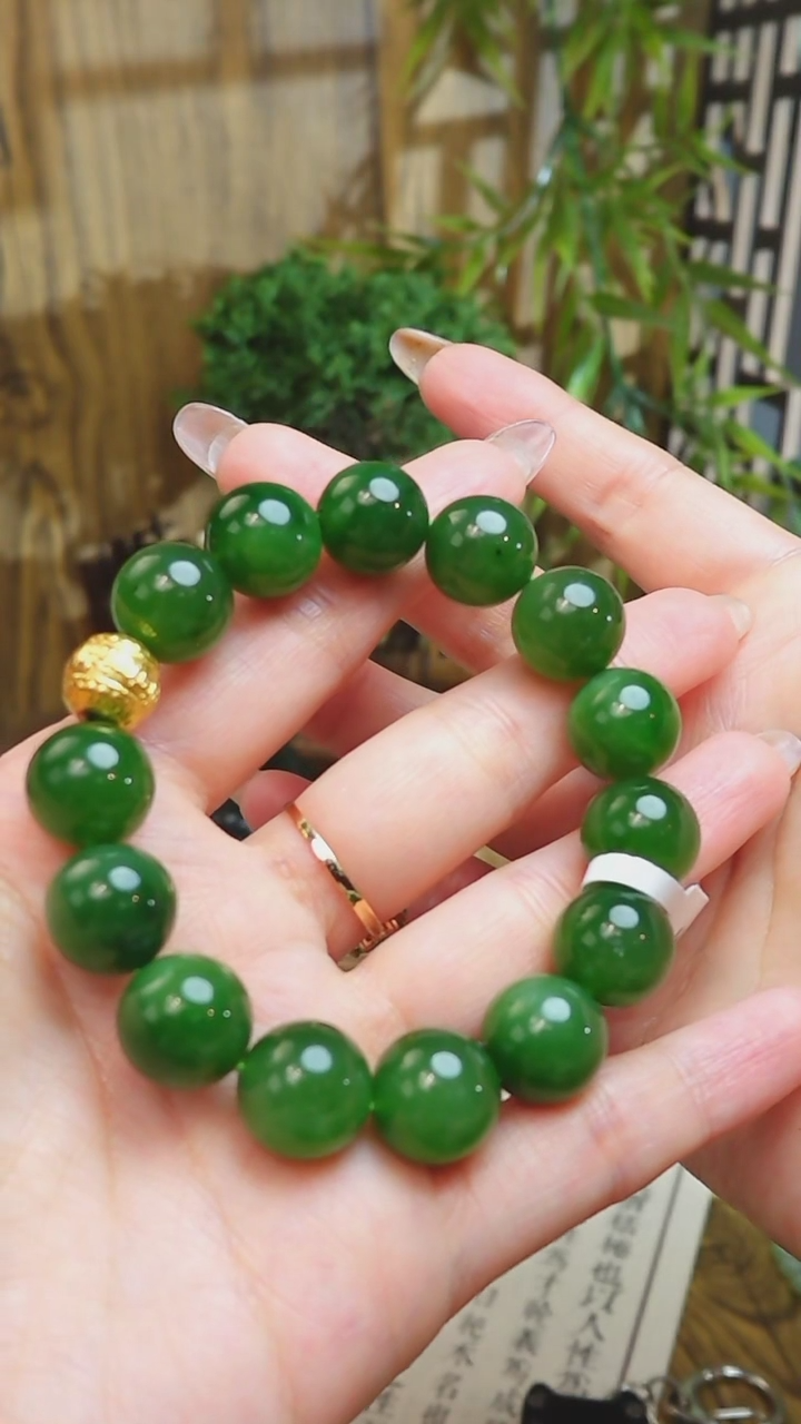 【闪购商品】和田玉手串未镶嵌俄料碧玉菠菜绿卡13mm