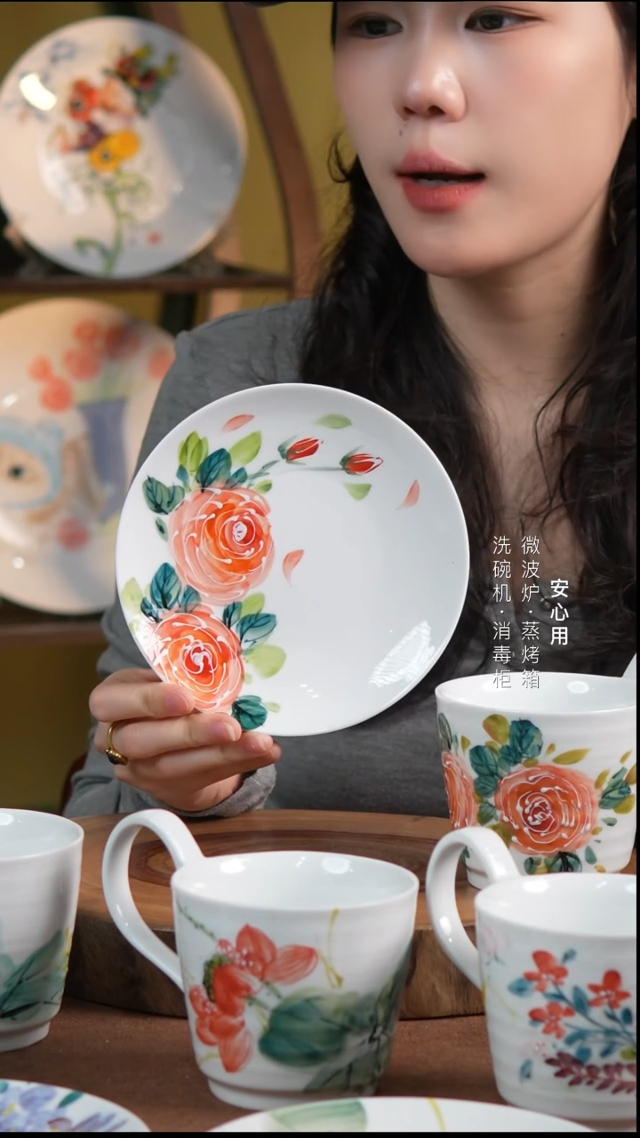 瓷景德镇高温手绘釉下彩6英寸月光盘粉玫瑰