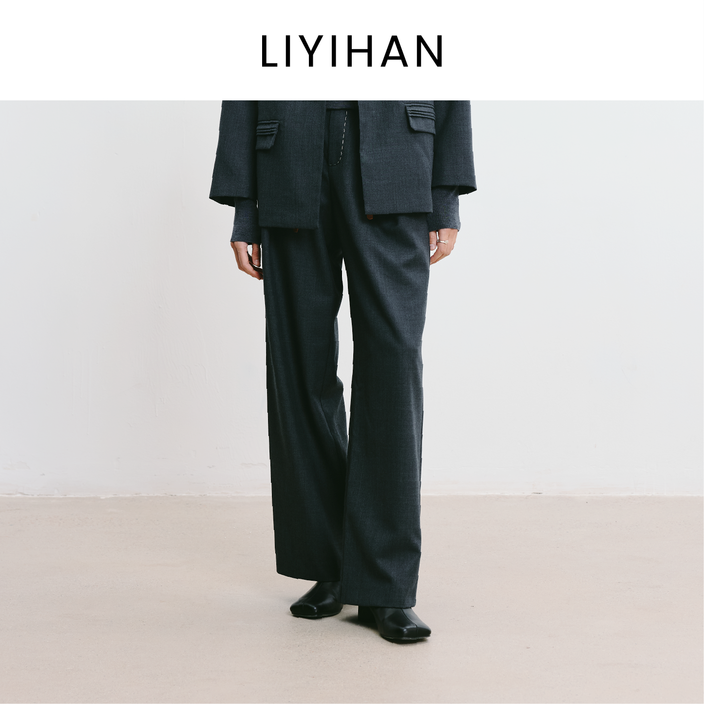 LIYIHAN林中路 2025秋新款羊毛阔腿裤女灰色长款西装裤小众设计感