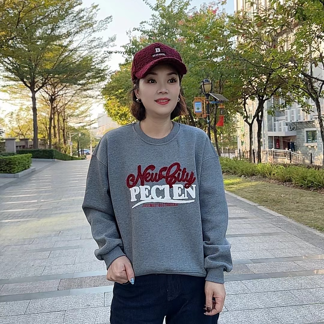 【卿她】加绒卫衣冬新款圆领套头韩版绒毛字母刺绣一体绒上衣