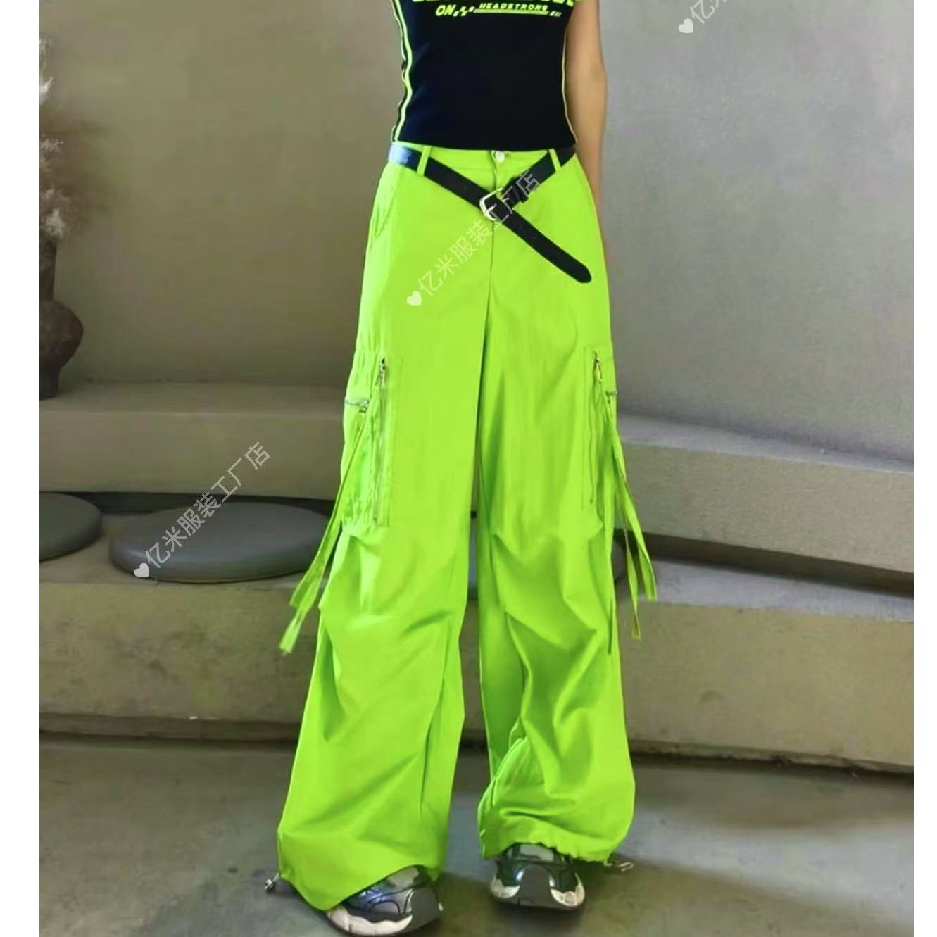 （潮九九•定制）夏季新款重工半松紧腰下脚可抽绳阔腿飘带工装裤