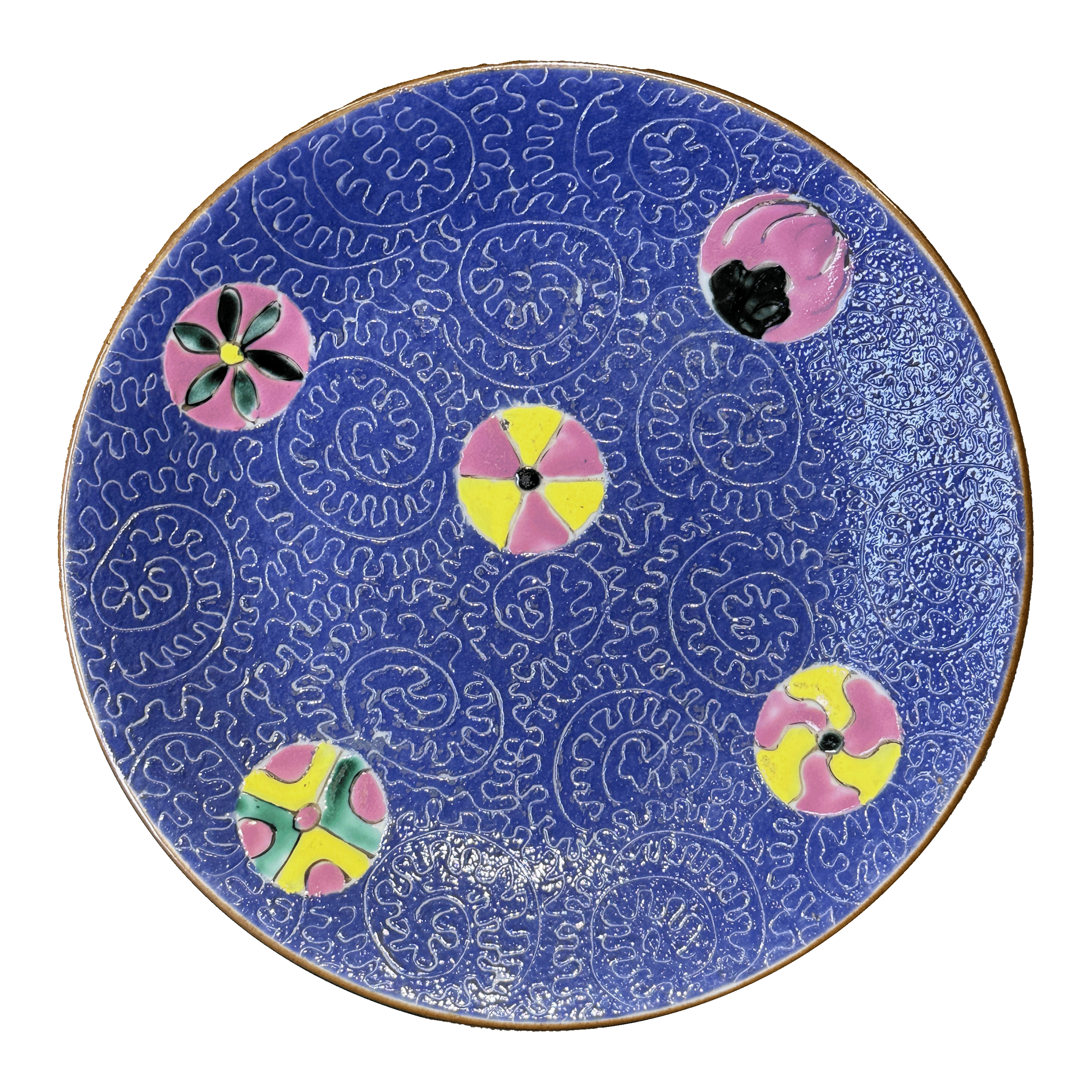 25086426t蓝地轧道粉彩皮球花盘