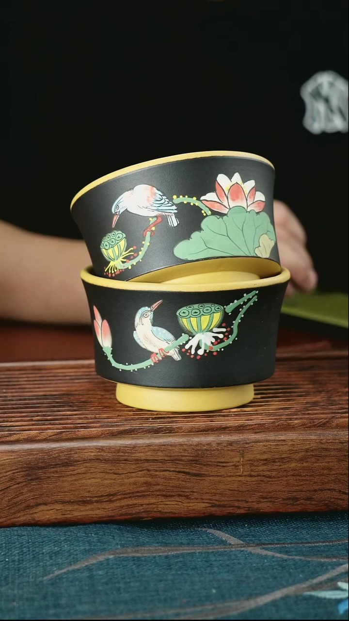 茶杯紫砂黄金段粉黑荷塘翠鸟2只