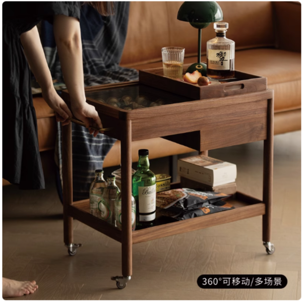 小推车置物架可移动沙发边桌北美黑胡桃木角几客厅实木边几北欧