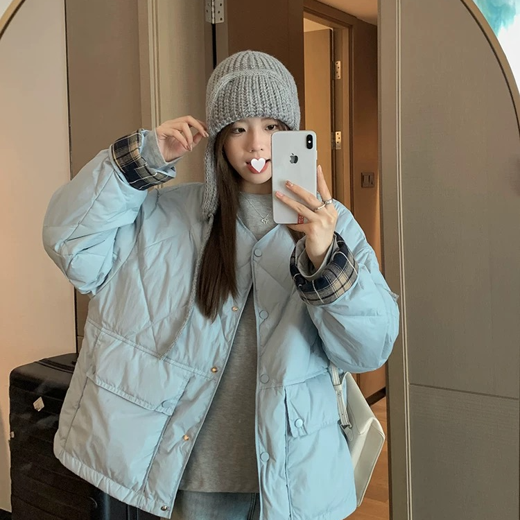 新款棉服女韩系宽松圆领轻薄款菱格小个子整张棉棉服外套