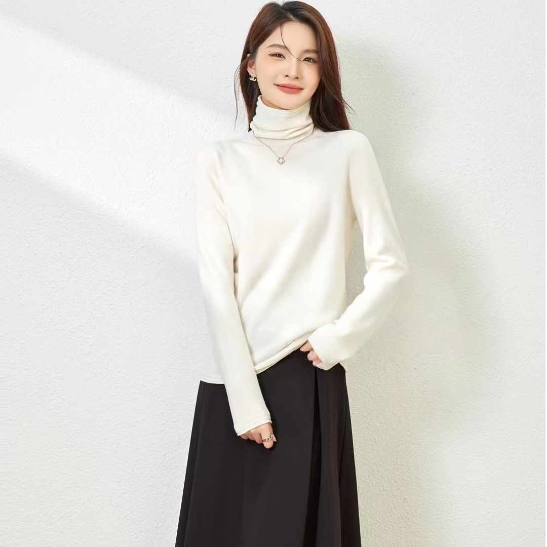 极简风高领女士白色植绒打底T恤气质堆堆领套头绒衫8309