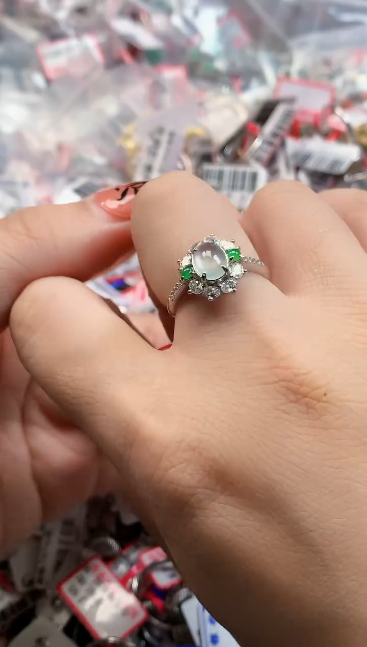 银S925镶嵌戒指翡翠天然A货缅甸翡翠