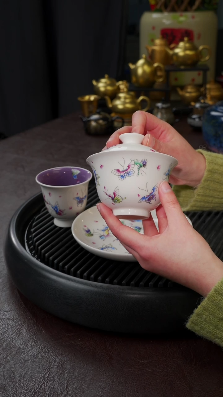 【闪购商品】【宜景窑手绘蝶舞】白色盖碗