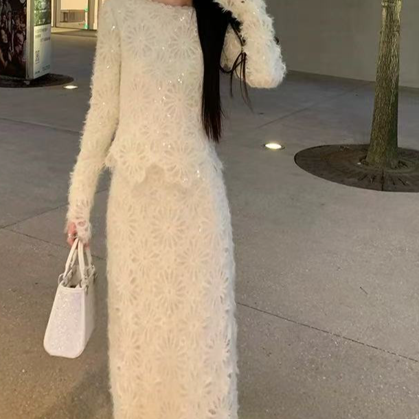 【皎月绒花】蕾丝甜美气质显瘦针织法式长款冬季新品温柔款套装