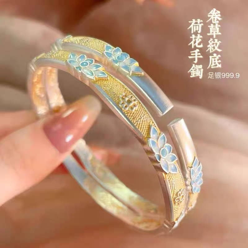 足银手镯  59号  珐琅彩荷花 开口
