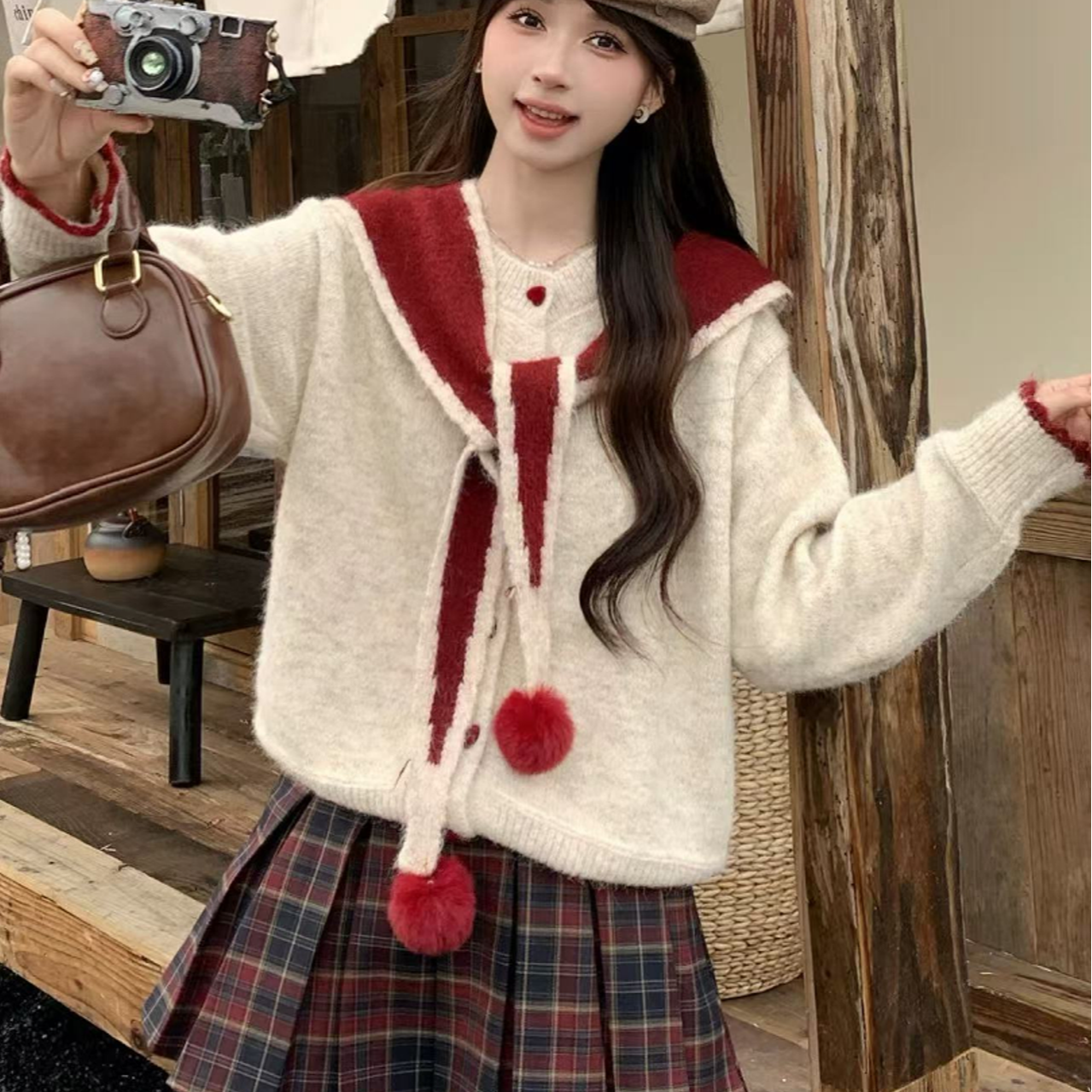 甜美撞色毛衣开衫女女2025秋冬新款慵懒风软糯宽松披肩针织上衣