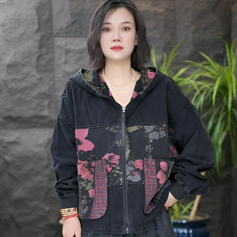 JJ春季常规款休闲上衣重工黑色百搭常规秋季连帽短外套印花韩版