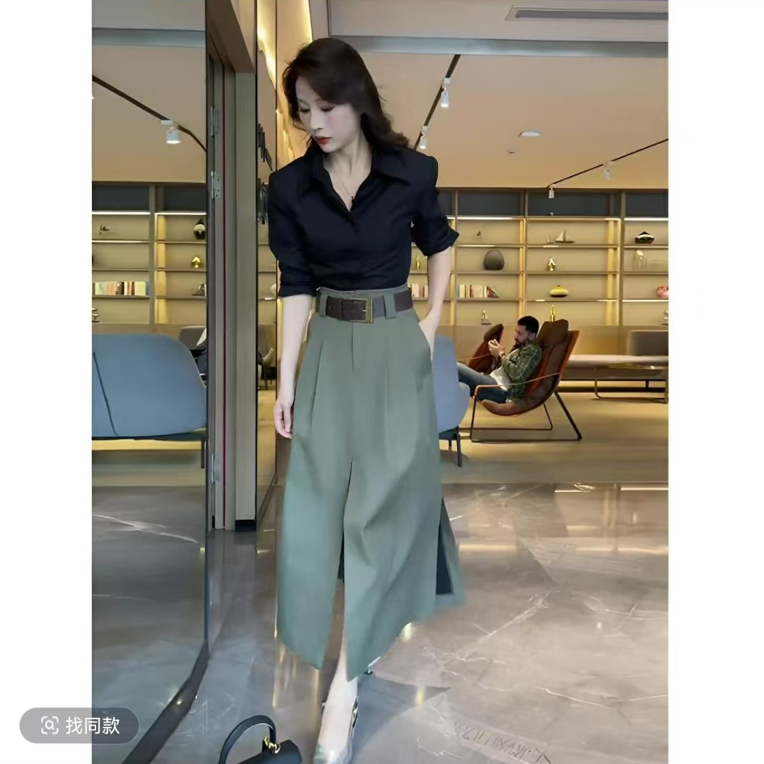 御姐穿搭套装女秋季时尚通勤百搭长袖衬衫设计感开叉半身裙两件套