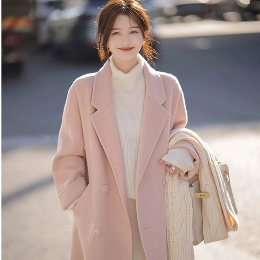 粉色双面大衣2025秋冬新款韩版宽松中长款爆款外套女