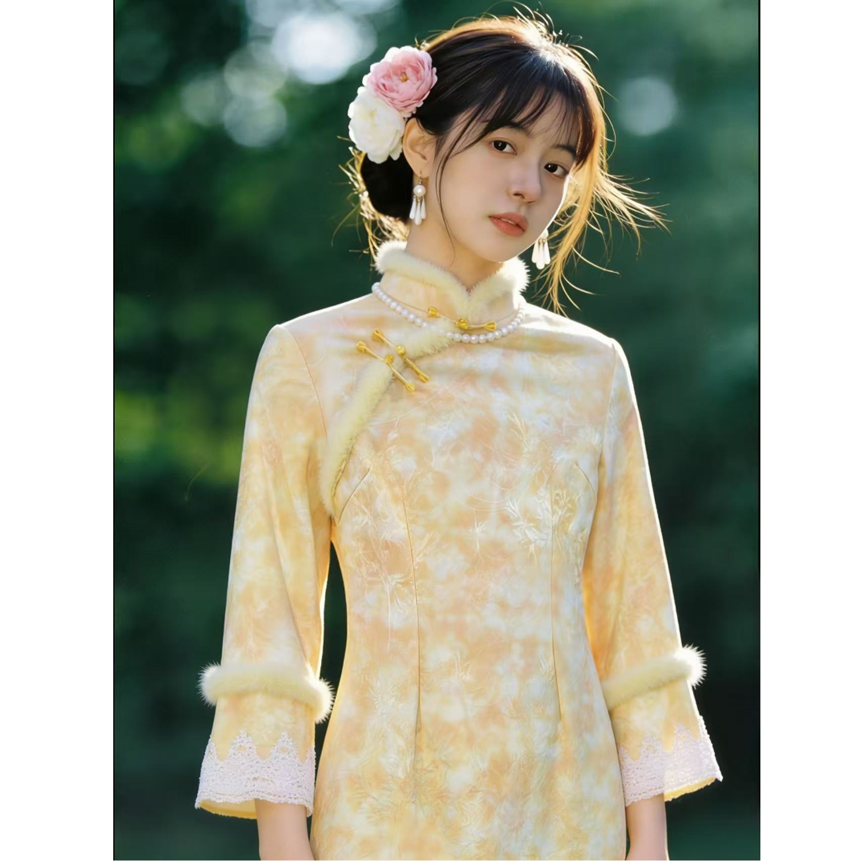 1647 【梦华】 渐变黄 缠结扣 白蕾丝袖口 毛领 旗袍【没有项链】