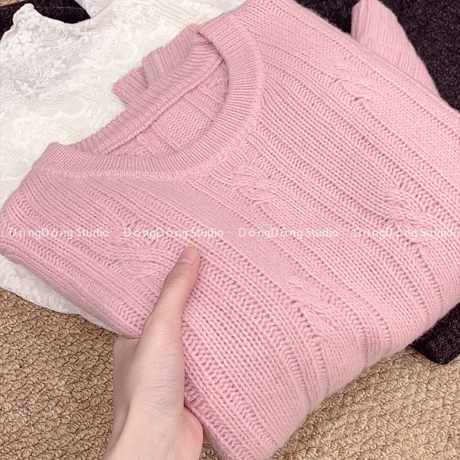 冬季新品【少女心】全毛圆领麻花纯色宽松套头长袖针织衫毛衣 7212