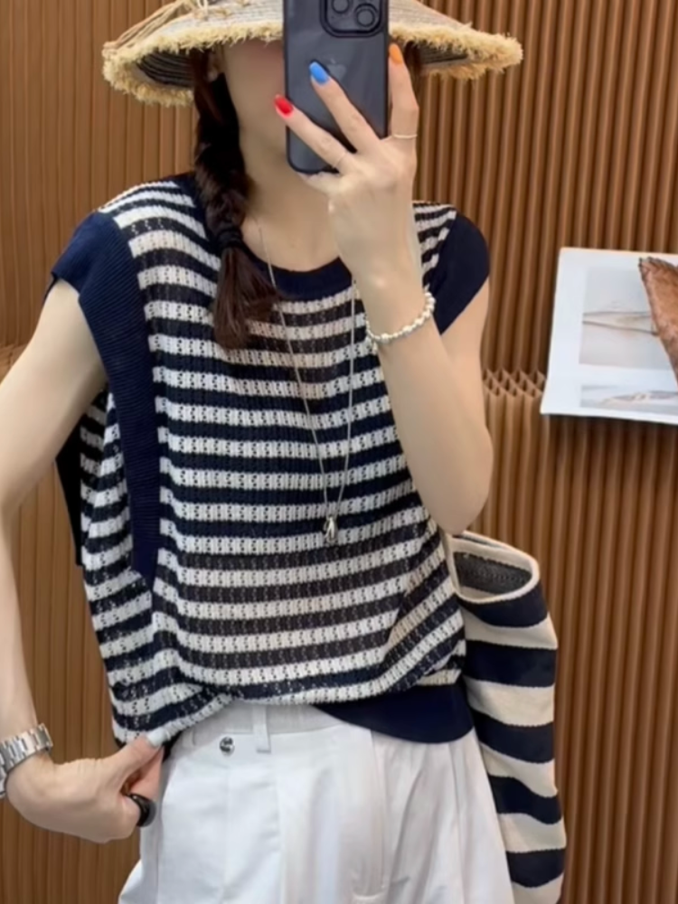 2025夏季新款时尚条纹撞色飞飞袖冰丝针织衫女圆领毛衣开衫外套女