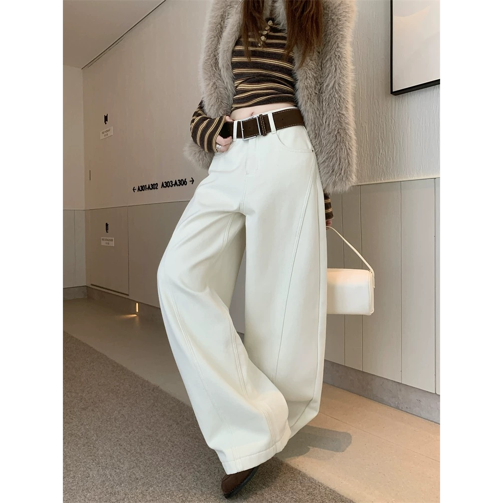 西西  加绒高腰显瘦阔腿弯刀裤#5259