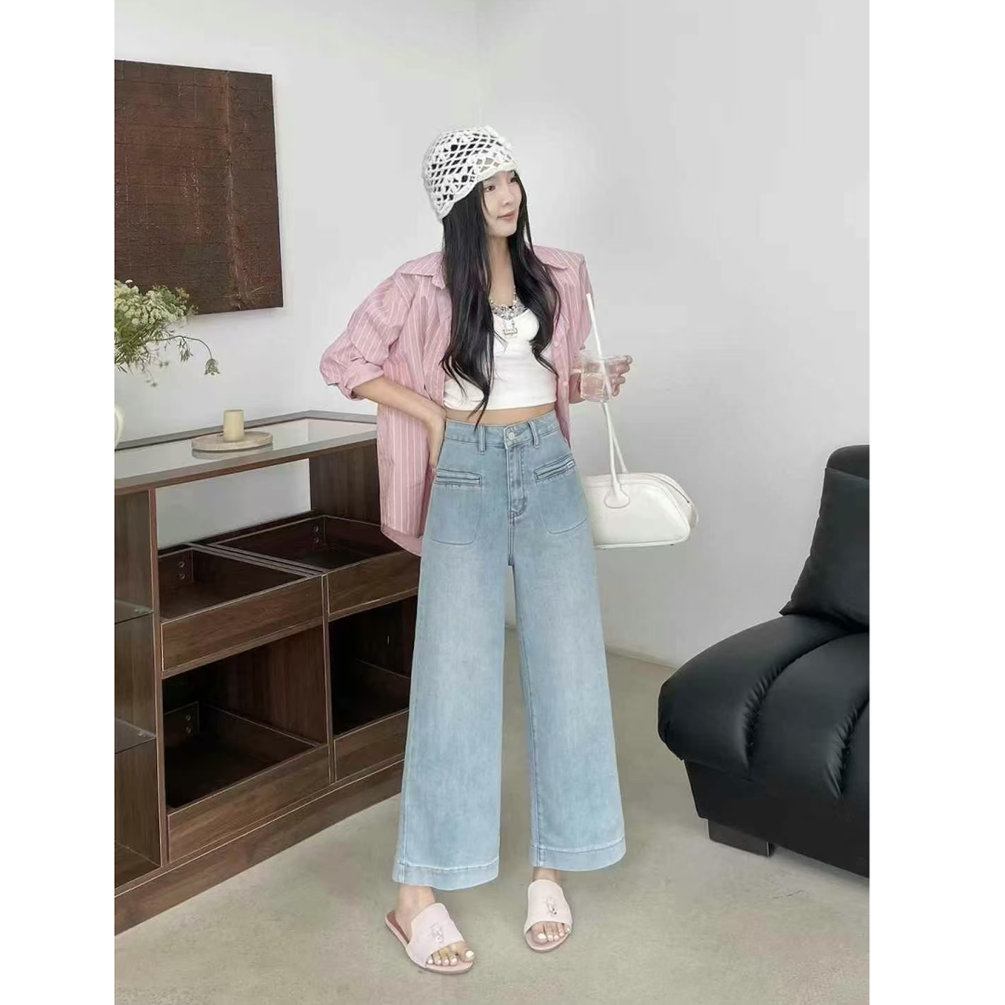 九分筒裤9013高腰显瘦直筒九分复古淡青蓝牛仔裤奶奶裤