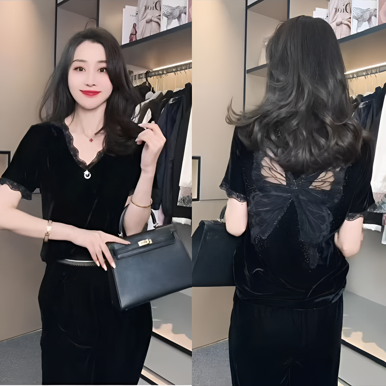 8928女士V领蕾丝边镂空T恤---z