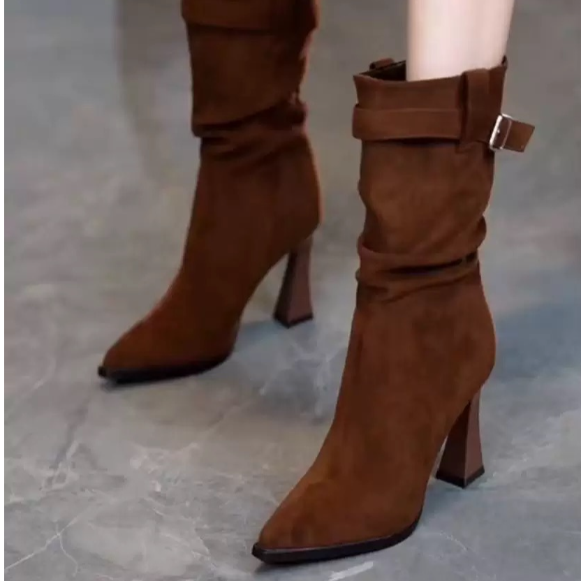（有运费补贴）2025年新款韩版时尚尖头细跟中筒堆堆靴高跟女短靴