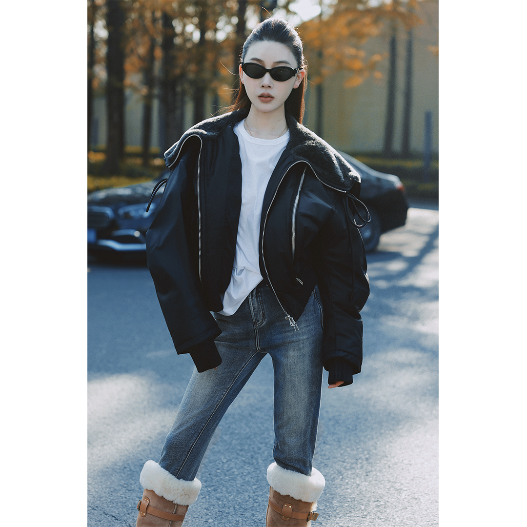 42-【皮夹克鹅绒服】宝儿家含幂BH42725411冬季保暖绵羊皮拼接外套