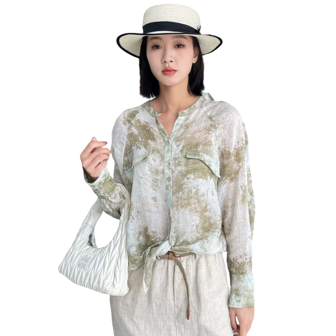 时尚百搭印花衬衫苎麻长袖单排扣V领开衫-1263