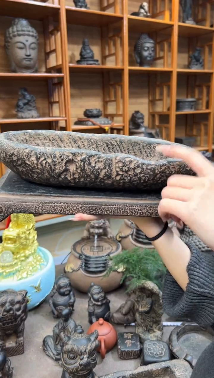 陶土【火山泥】牛槽盆+大江枫底座