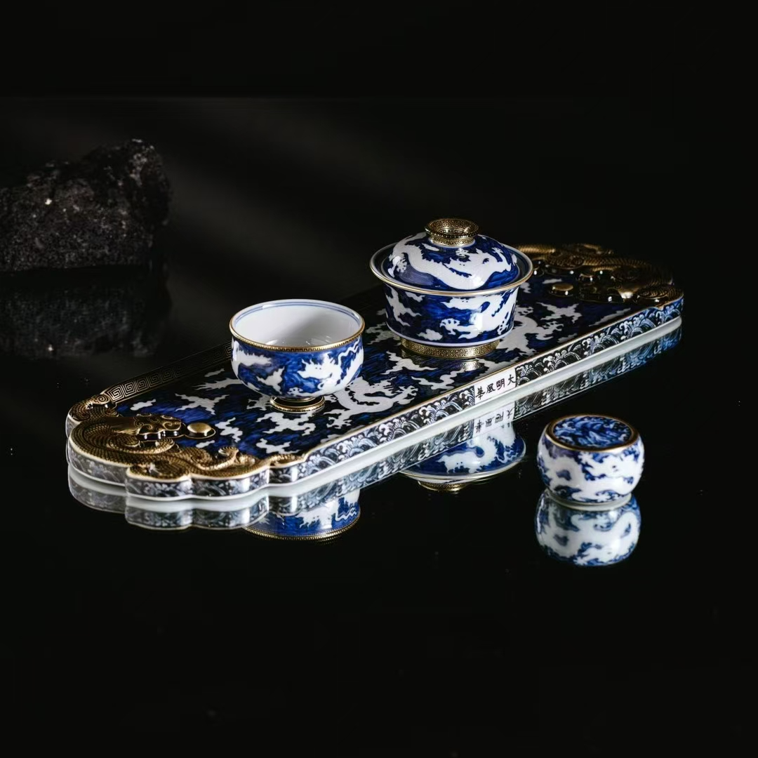 当代大明风华青花暗刻双龙黑金茶具  景德镇纯手工手绘干泡茶器