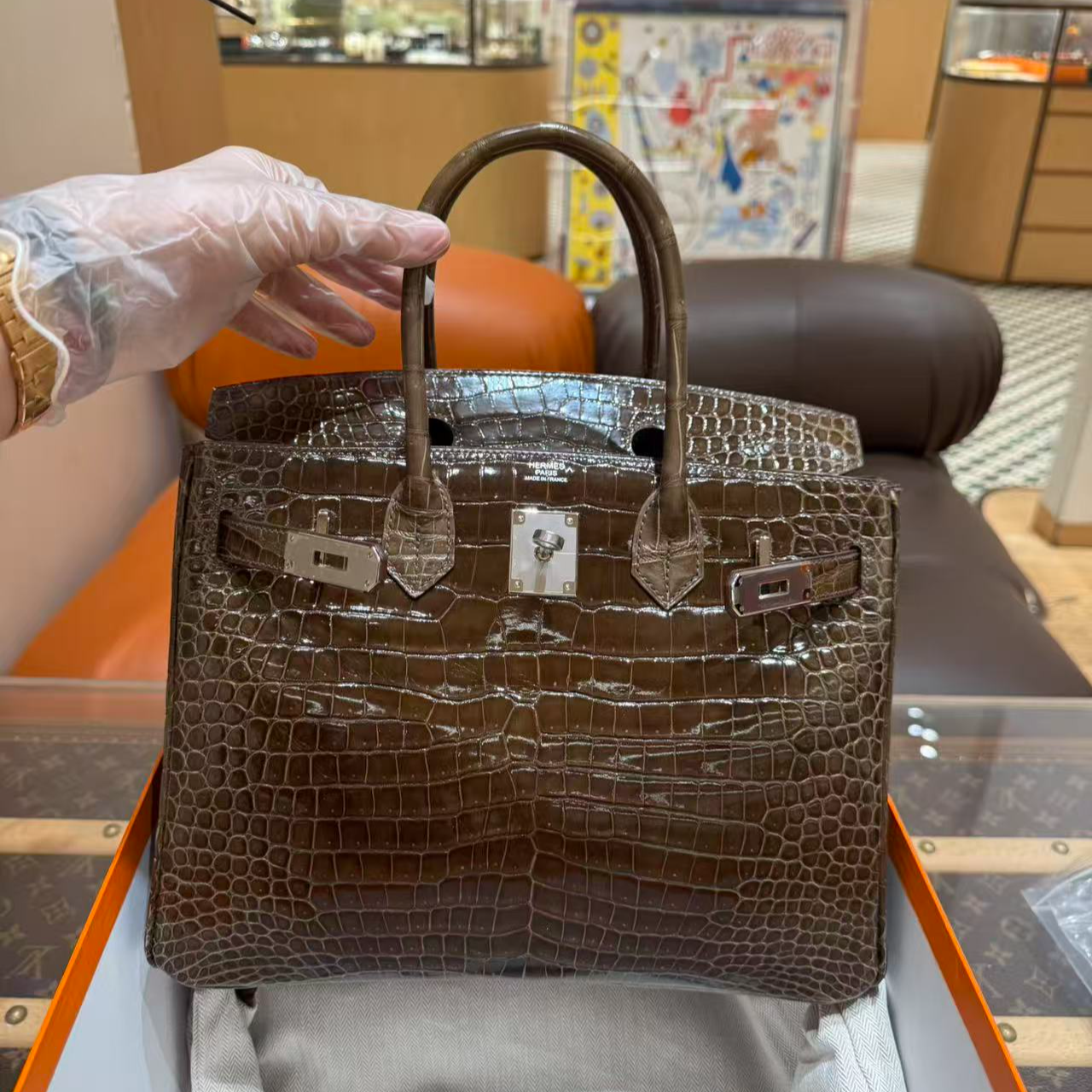 99新 Hermes/爱马仕 birkin30 8C大象灰银扣 亮面倒v 鳄鱼！T刻！