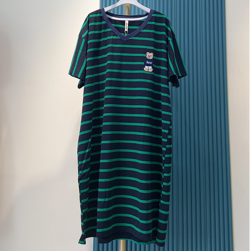 时尚休闲条纹V领女士睡裙 2435