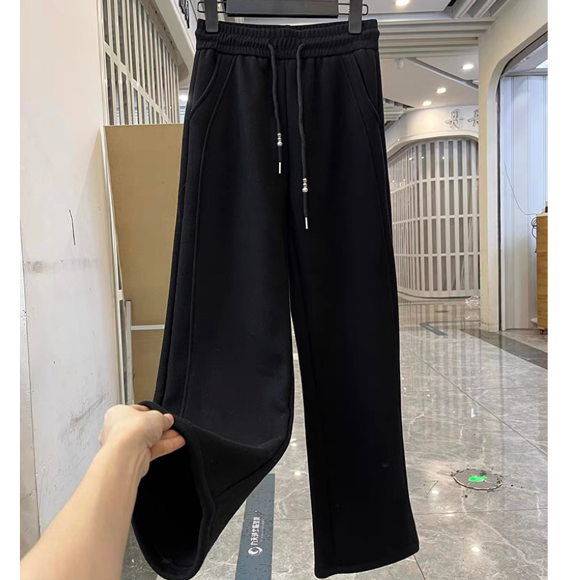 k300-加绒加厚系带时尚百搭宽松保暖奥粒绒高腰直筒休闲裤/